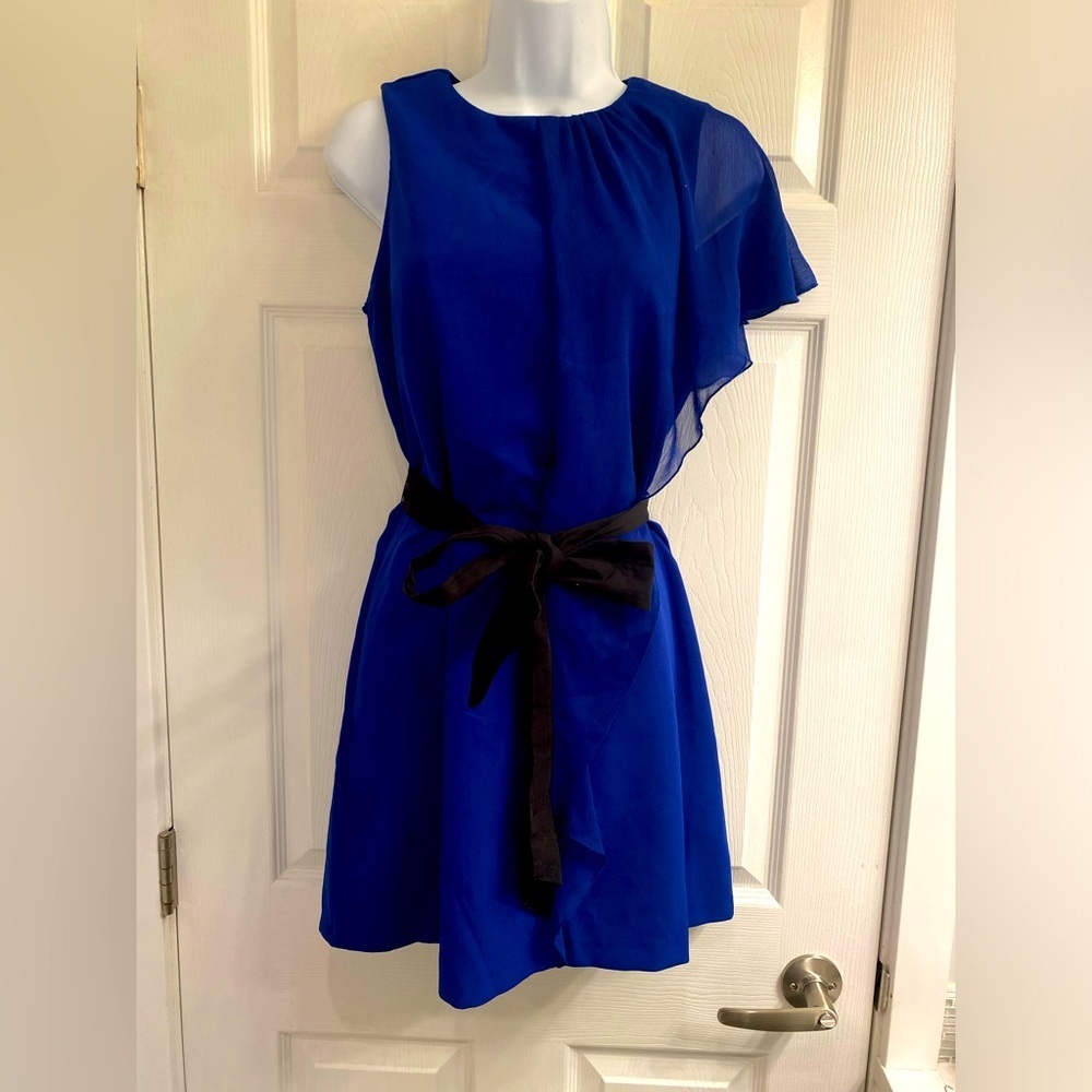 Zara Crepe Blue Asymmetric Belted Mini dress size M - Picture 2 of 4